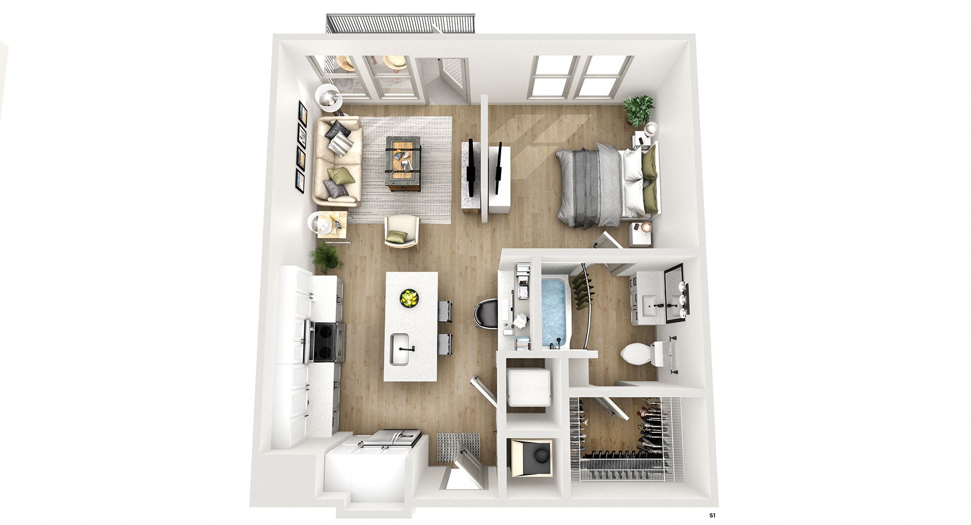 Floor plan for studio, 1 bath, 678 sqft